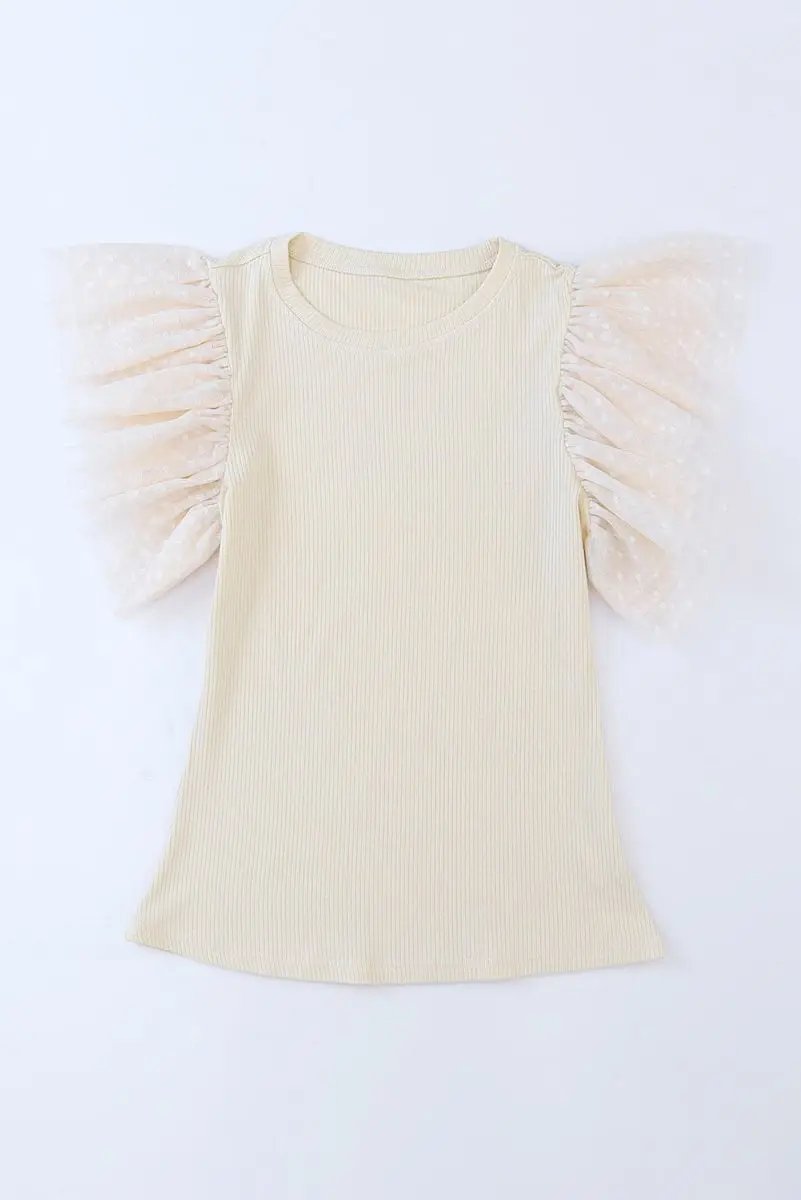 Apricot Dotty Mesh Ruffle Sleeve Ribbed Knit Top for Women - Love Salve